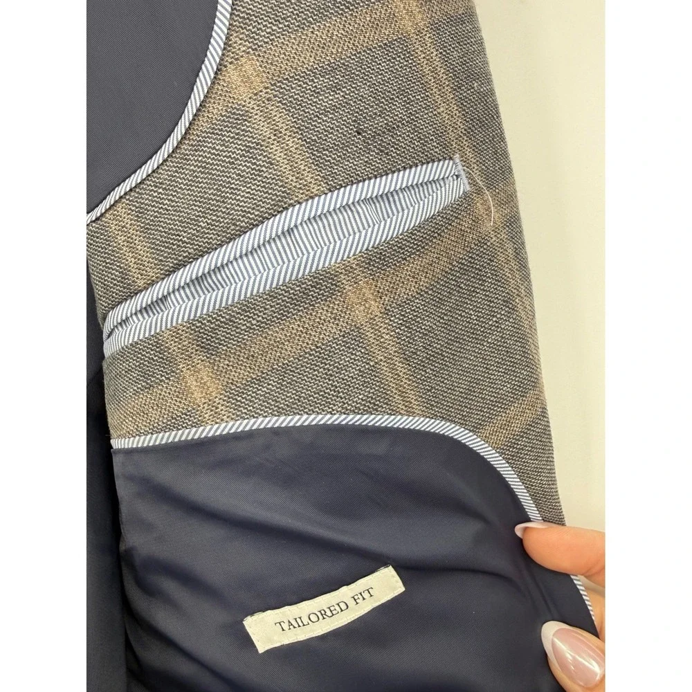 Jo A Bank Blazer Mens 42R Gray Beige Plaid Linen Wool Brrr Sport‎ Coat